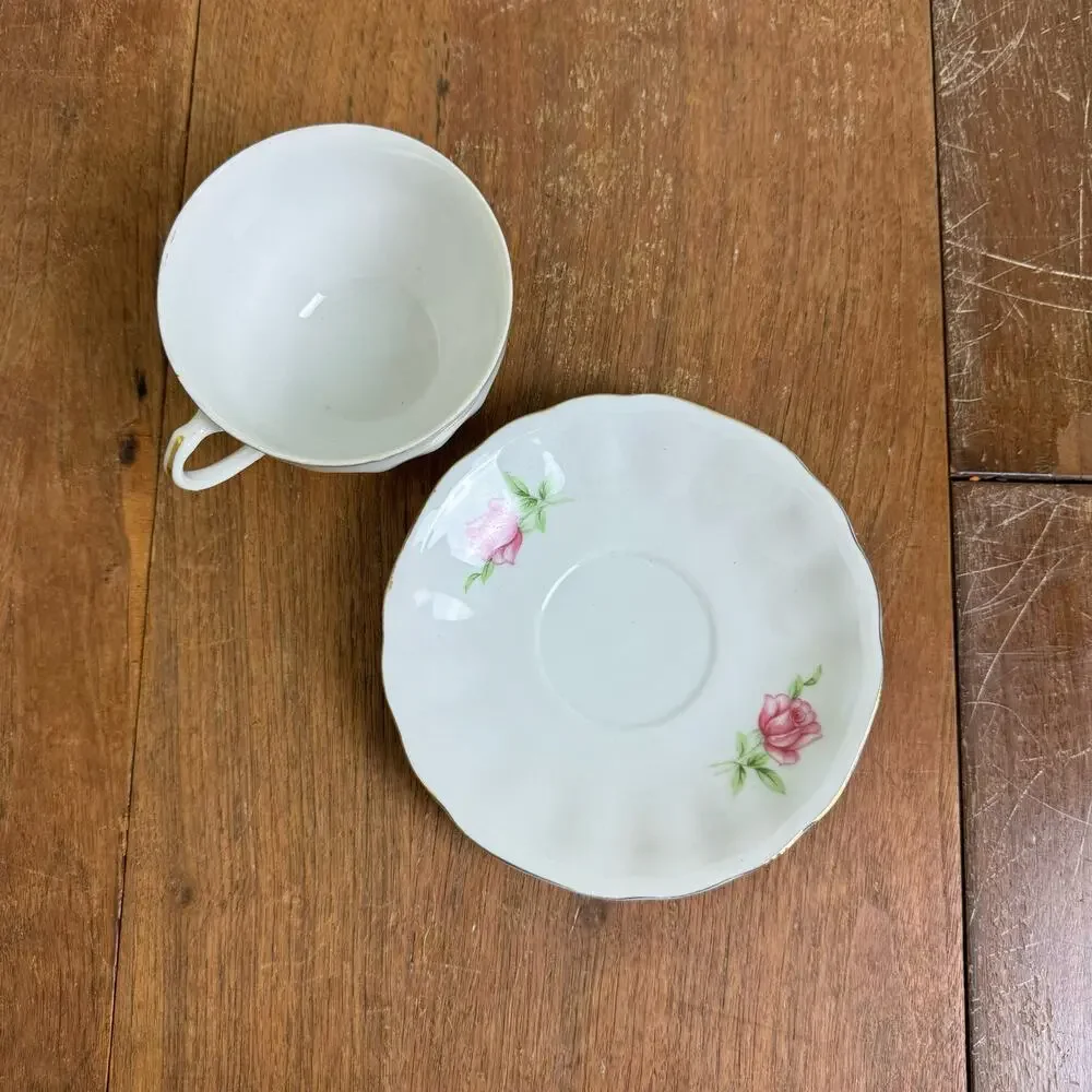 Yoko Boeki Co Japan pink Floral Rose Pattern Transferware tea cup‎ and saucer